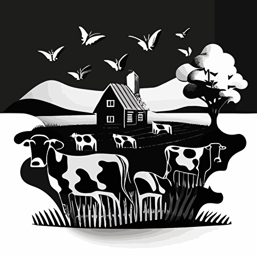 rolling feilds farm with close up of cows in style of charles williams, black and white, flat, vector, line drawling, white background ar 1:1