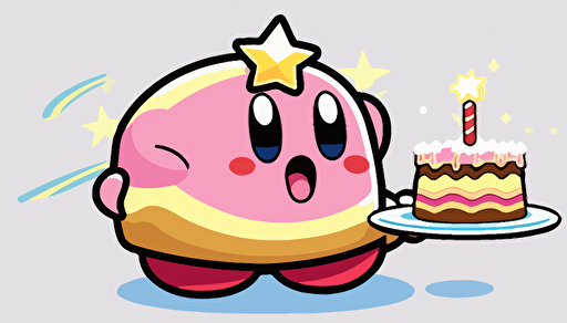 kirby holding a birthday cake, vector art, flat backgound,