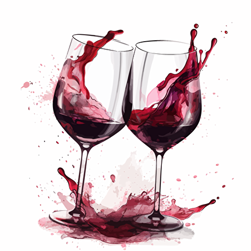2 wine glasses with red wine clanking together, vector art, white background