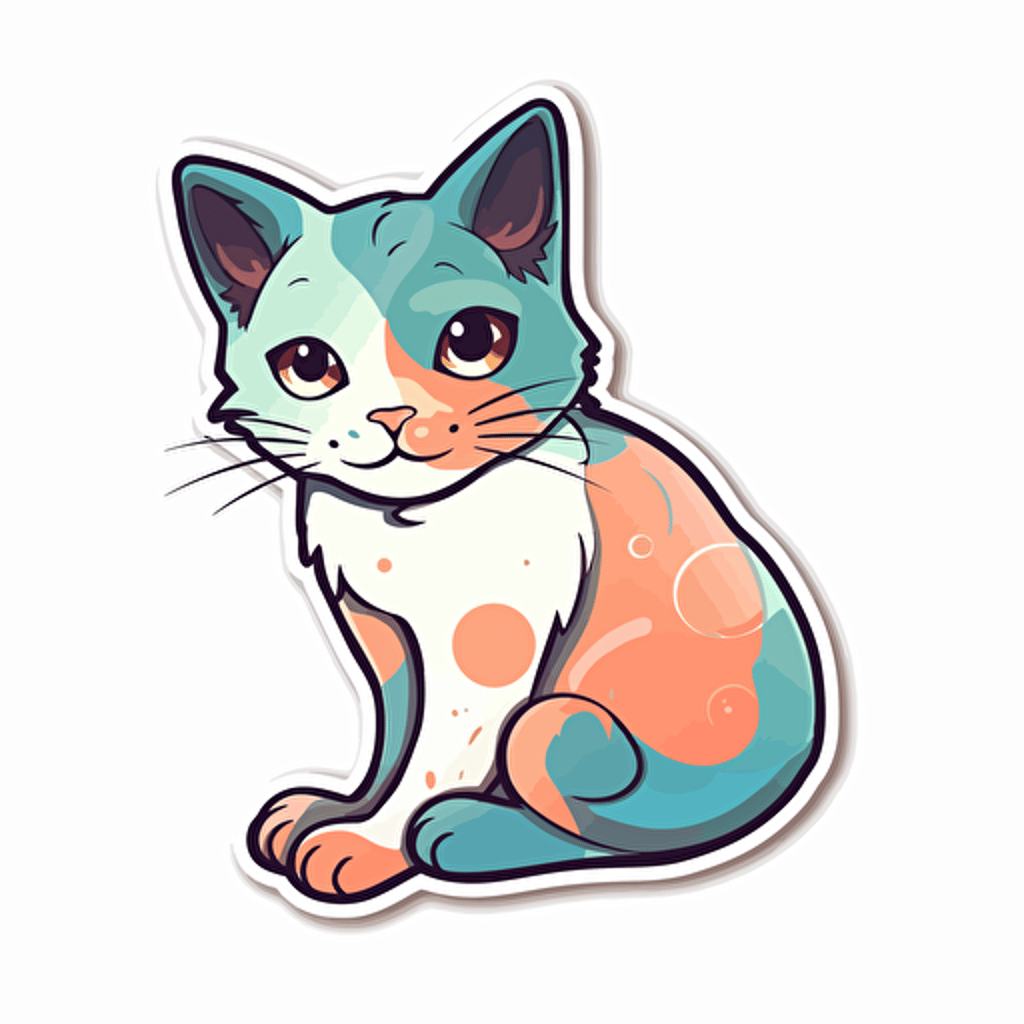 cat, Sticker, Nostalgic, Luminous Colors, Cartoon, Contour, Vector, White Background