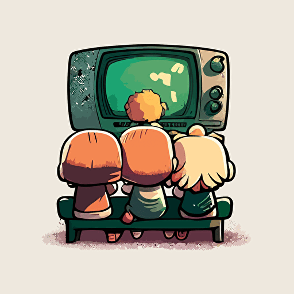 chibi style cartoon vector, group of people sitting on a couch with their backs to the camera, they are watching a television with a ball game on