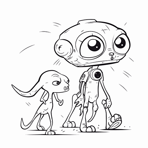alien walking his alien dog, cartoon, coloring page, vector, simple