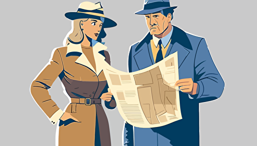 A women holding a piece of paper, showing it to a man dressed as a detective. flat style illustration for business ideas, flat design vector, industrial, light color pallet using a limited color pallet, high resolution, engineering/ construction and design, colored cartoon style, light indigo and light gold, cad( computer aided design) , white background