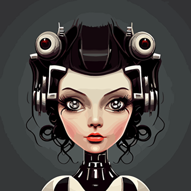 high-quality, vector-based robot caricature that has long dark thick fake eyelashes, and huge, luscious lips