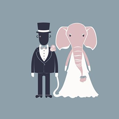 Vector art of an elephant dressed as bride standing next to and an elephant dressed as a groom, in the style of Britta Teckentrup illustrations, cute