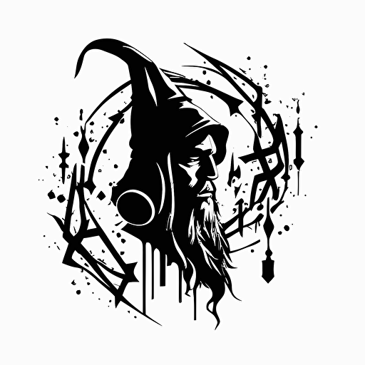 minimalistic pop art iconic logo of wizard wearing headphones, black vector, on white background