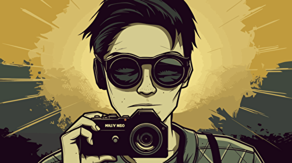 Shadowbanned on social media, high tec, cartoon, vector art. Man with black glasses on and tape on his mouth, with camera equiptment behind him