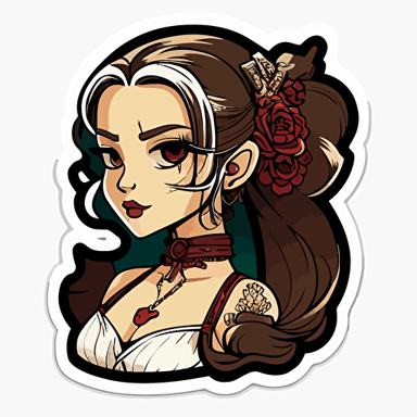 Anime mariachi girl sticker, 90's anime style, Dia De Los Muertos style makeup, vector, contour, white background
