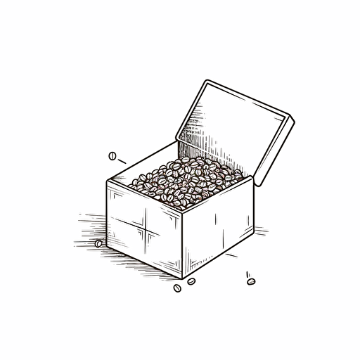 Open box with coffee beans inside, white background, line drawing illustration, vector, simple, minimalist