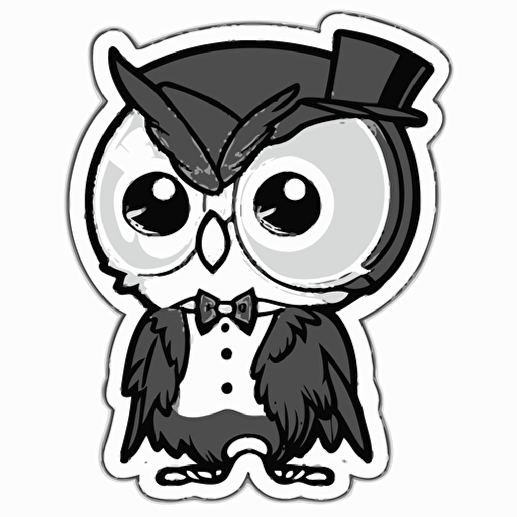 sticker, Owl with a black Suitand a monocle, kawaii, contour, vector, white