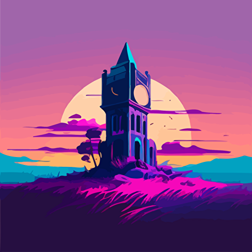 clock tower, flat landscape, digital art, vector, long shadow, 45 degree point of view, by Grant Riven Yun , synthwave colors