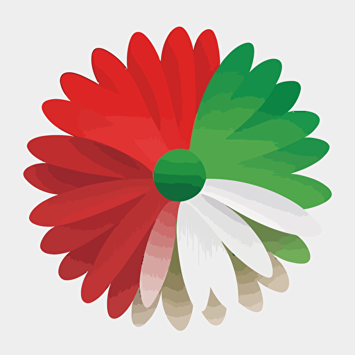 one daisy with 1/4 of petals in green, 1/4 of petals in red and the remaining petals in white, white background, minimalist logo style, flat, vector art, vibrant colors