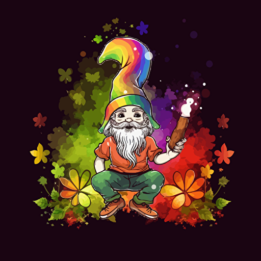 smoking elf, marijuana leaf on background, mushrooms, rainbow, fantasy, vector logo