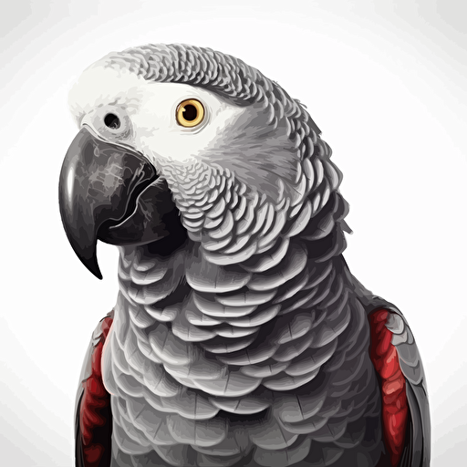 African Grey Parrot bird looking straight in the camera, white bg, vector