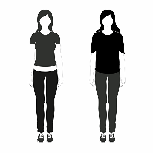 WOMMEN body, vector flat, black and white, white background