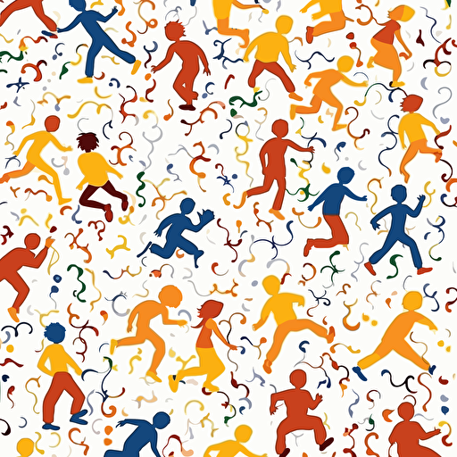 Vector illustration, continuous repeating pattern of children running around playing, with white background, in vivid colors.