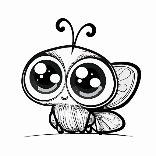 cute butterfly in farm, big cute eyes, pixar style, simple outline and shapes, coloring page black and white comic book flat vector, white background