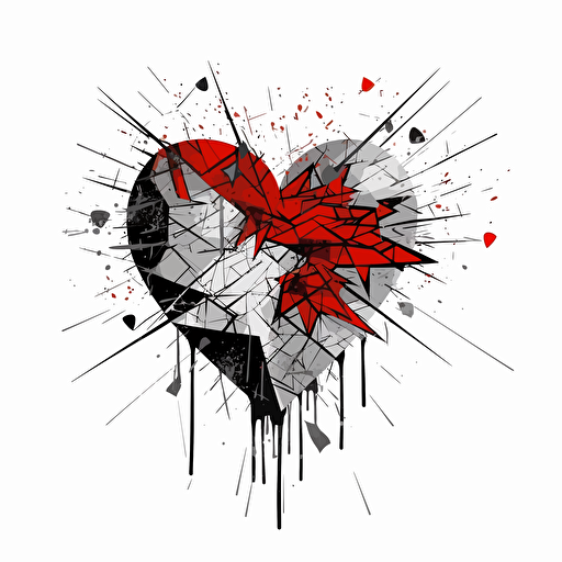 broken heart design, frank miller style, 2d, vector, white background