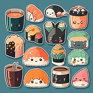 Create a collection of vector stickers featuring different types of Japanese kawaii-inspired food items, such as sushi, ramen, onigiri, and tempura, designed with cute faces, vibrant colors, and adorable, exaggerated expressions to emphasize the kawaii aesthetic.