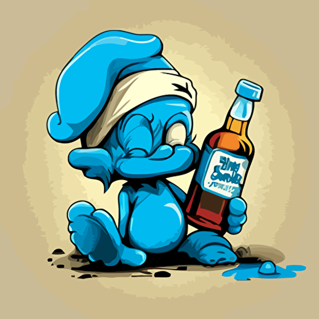 smurf with liquor bottle, cartoon, vector