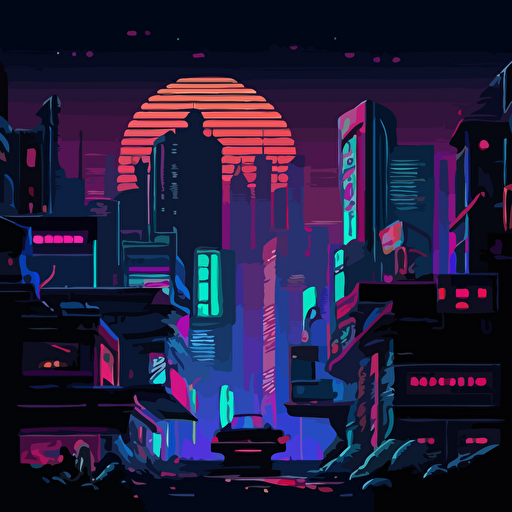 pixel art cyberpunk metropolis background grunge buildings future neon colors sci fi concept vector illustration