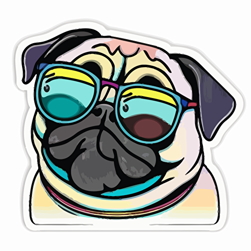 sticker, Cool Happy colored Pug with sunglasses, kawaii, contour, vector, white background