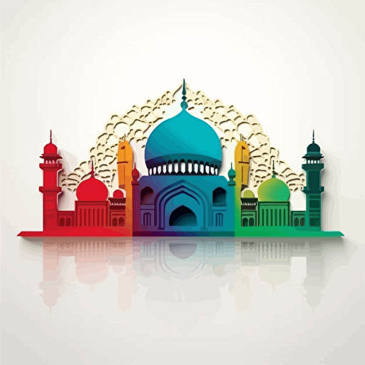 illlustration of eid mubarak using only red, yellow,blue,green,paper cut out, vector, white background