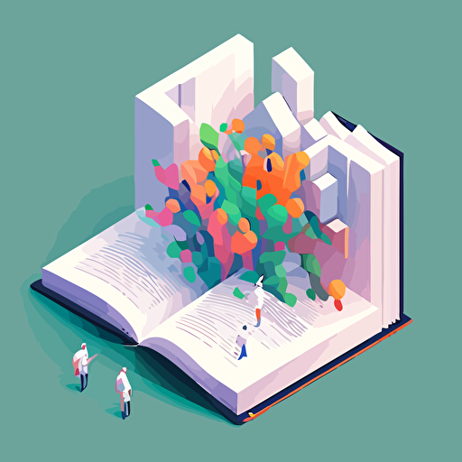 Minimalistic, thick textbook open to a sprite sheet on molecular biology with scientists in lab coats crowding over it and observing it, vector, style of atey ghailan