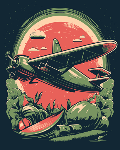 watermelon aeroplane, retro aesthetics, vector image, sticker design, pantone color scheme: 12-1706 TCX, 12-0824 TCX, 15-0146 TCX, 15-1164 TCX, 16-6340 TCX, 17-4247 TCX, 18-2043 TCX, 19-6026 TCX. The final piece should exude a warm, holiday-like ambiance.