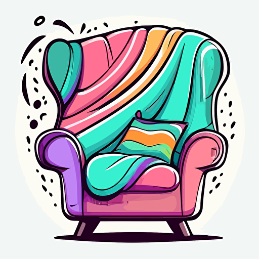 empty oversized stuffed chair with a throw blanket, Sticker, Excited, Bright Colors, Naive Art Style, Contour, Vector, White Background, Detailed