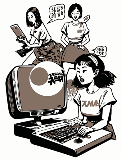 Japanese comic book style, an Asian young climate activist, a Asian feminist, a female human rights activist, and a female worker imagine a "hammer" and a "keyboard," together on a big stage, and their imagined hammer and keyboard shapes float in a single bubble, Non-letter illustration. white background, vector, illust