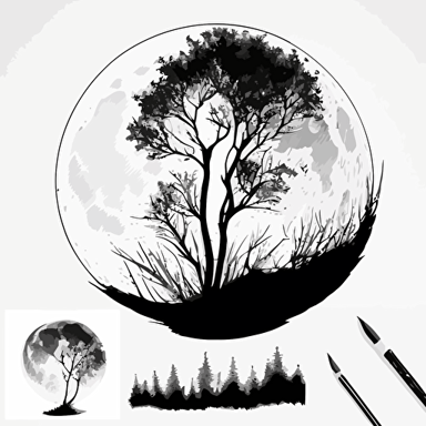 Draw a complete full moon, LOGO design, vector paper, black line on white background, simple, add full moon after this picture, LOGO design, vector paper, black line on white background, simple, black and white, elegant, thick black line, draw only Contour, Contour Art