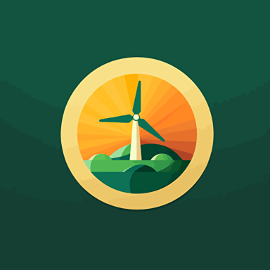 Construct a minimal, yet spirited logo for an energy consultancy business with a focus on sustainability. Use eye-catching colors and elements such as wind turbines, solar panels, and energy-saving bulbs. Logo style: simple and friendly. Media: vector illustration. Reference artist: Jessica Hische.