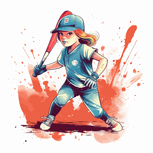 Vector illustration of a little girl baseball player hitting a baseball in vivid colors