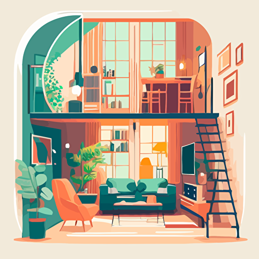 flat design 2d illustration vector 6 colors small apartment mezzanine with giant mirror living room