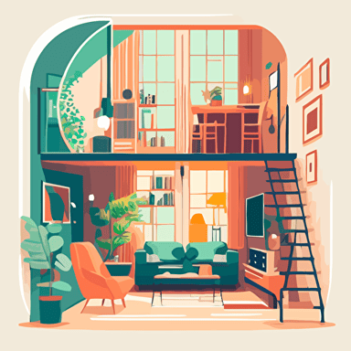 flat design 2d illustration vector 6 colors small apartment mezzanine with giant mirror living room