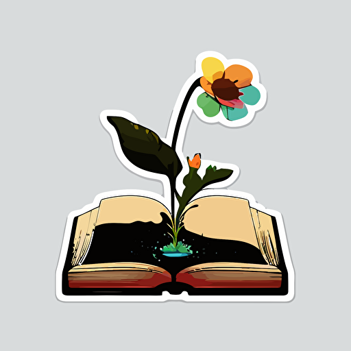 flower rising fron a book pixar style, 2d flat design, vector, cut sticker