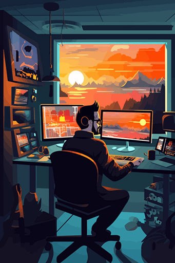 vector art style of a film editor working in his studio. Make this modern and eligant.