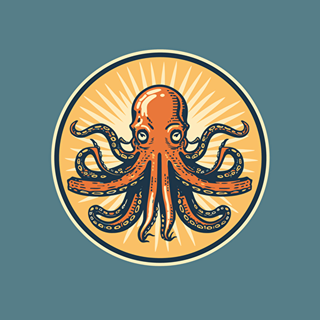 art deco logo style vector image of an angry octopus in animation style, the octopus is swimming with tentacle grabbing