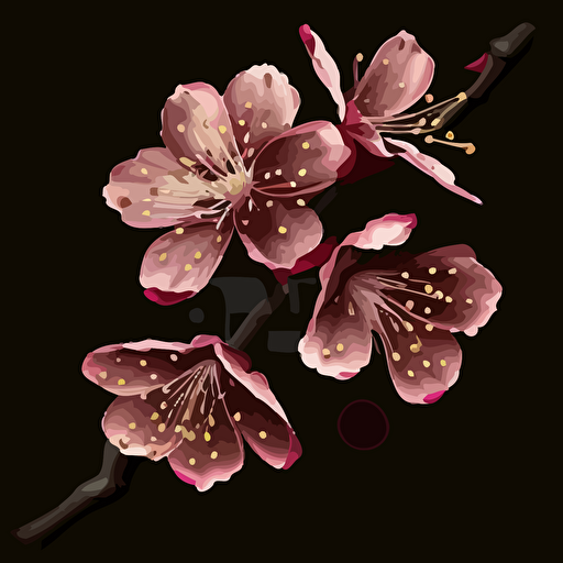 One prunus persice flower in dark pink, no background, vector, background has shade #1B110B