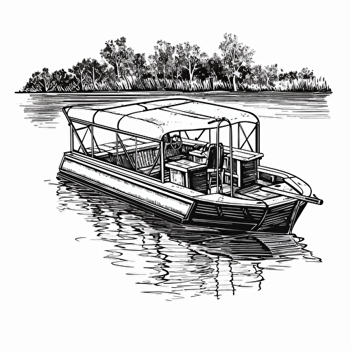 illustration of a pontoon boat on a lake, black ink, vector isolated on white