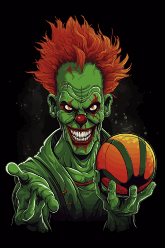 scary clown with green hair holding a basketball, dark background, vector style,
