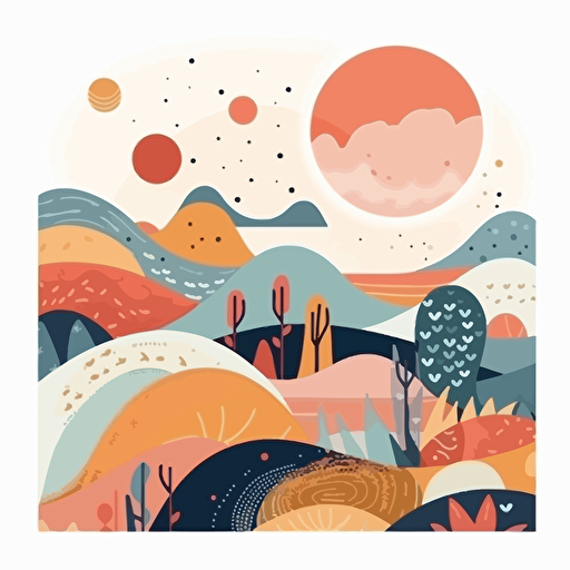 boho abstract landscape with sun and moon, pastel, 2d flat vector, flat colours, on a white background