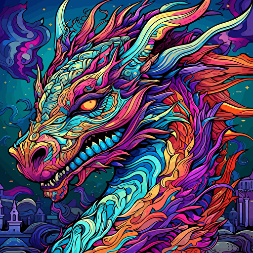 full sized fantasy style dragon, in the style of a thick line-art vector image, with vivid colors, and a scifi art styling