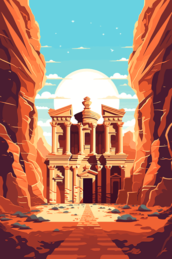 front view of Jordan in petra, blue sky, vector design, minimalist, flat