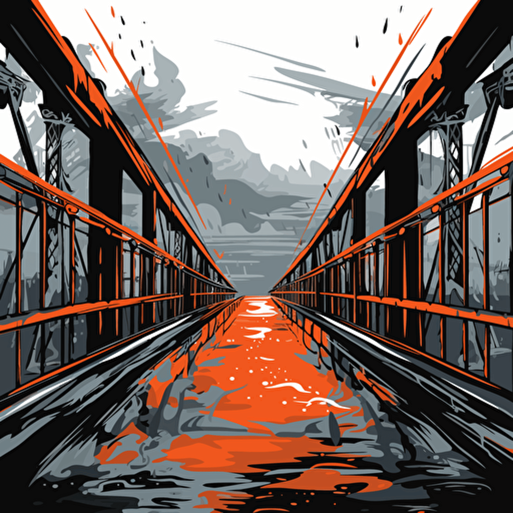 a vector image of a bridge leading to a prison, black and orange and dark gray, graffiti style