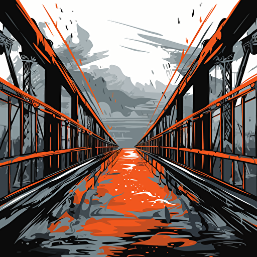 a vector image of a bridge leading to a prison, black and orange and dark gray, graffiti style