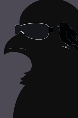 minimalist poster, anthropomorphic crow, dark sunglasses, leather jacket, vector,