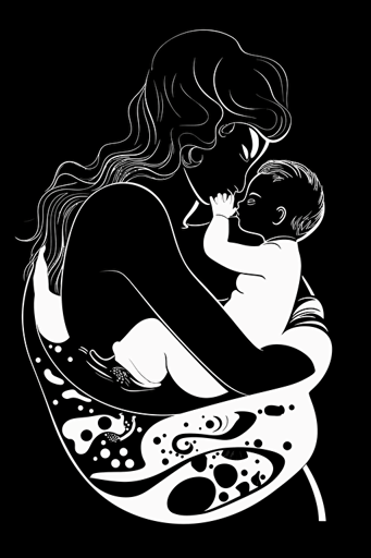 a stunning mother and her baby, the mother is nursing the baby in her arms closely against her large pectorals, black and white vector with strong contrast