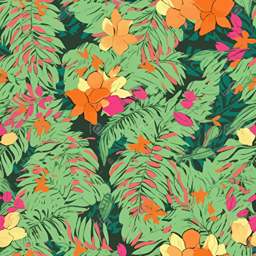 green leaves and pink flowers in the summer; vector seamless background, in the style of deep green and orange pink exaggeration, flowerpunk,